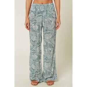 O’Neill XXL Wide Leg Pants Green Gray Leaf Print Lightweight Viscose Boho Beach